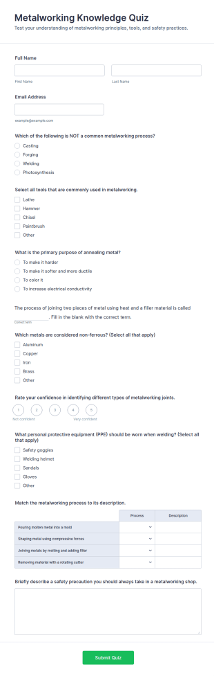 Metalworking Knowledge Quiz Form Template
