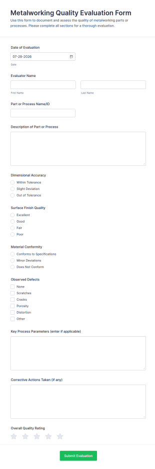 Metalworking Quality Evaluation Form Template