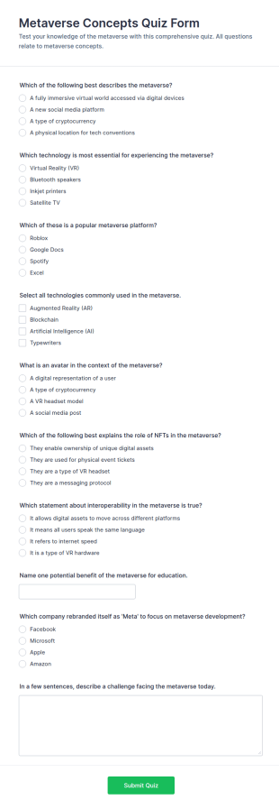 Metaverse Concepts Quiz Form Template