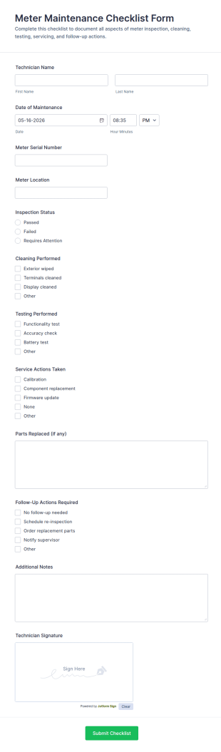 Meter Maintenance Checklist Form Template
