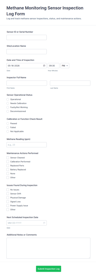 Methane Monitoring Sensor Inspection Log Form Template