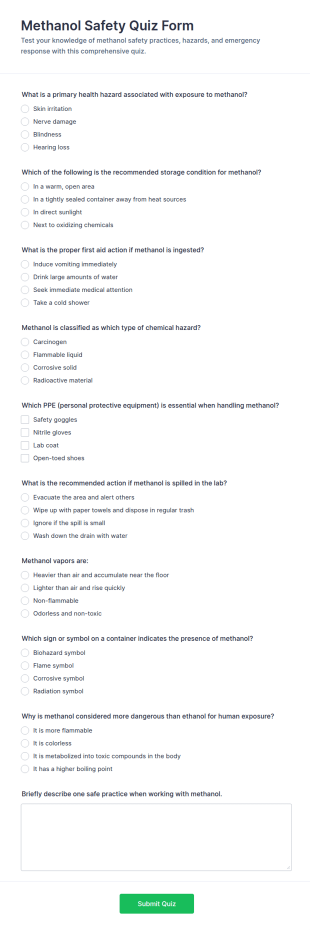 Methanol Safety Quiz Form Template