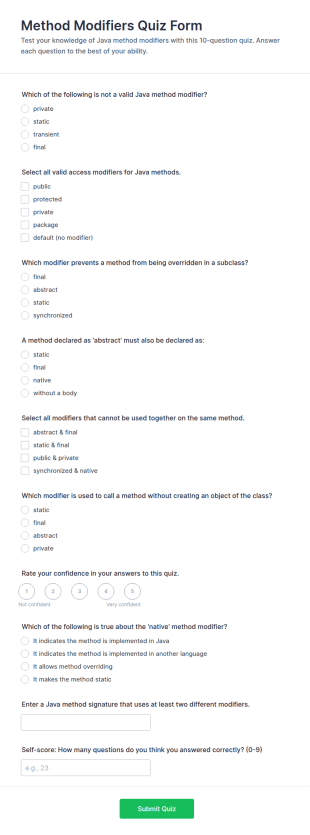 Method Modifiers Quiz Form Template