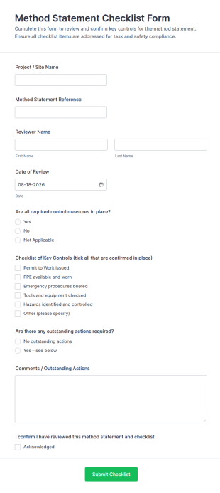 Method Statement Checklist Form Template