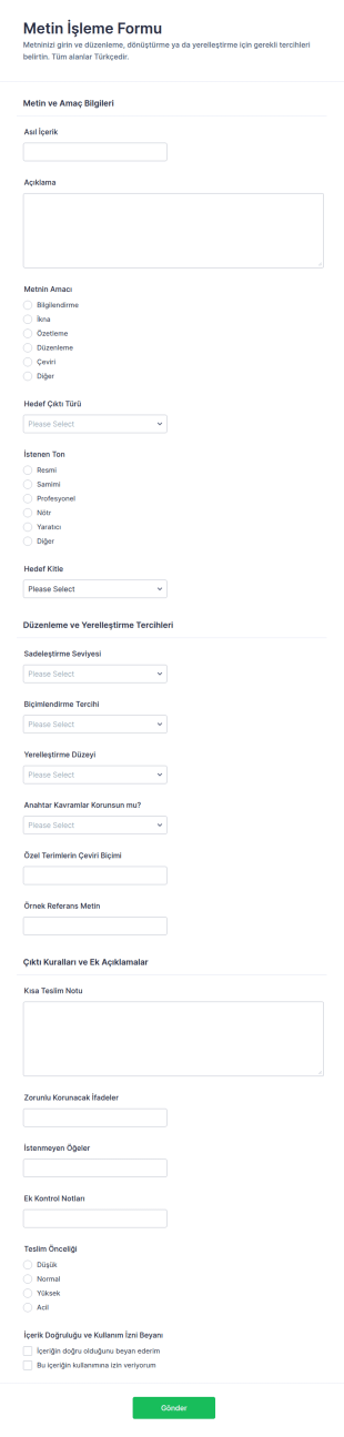 Metin İşleme Form Şablonu
