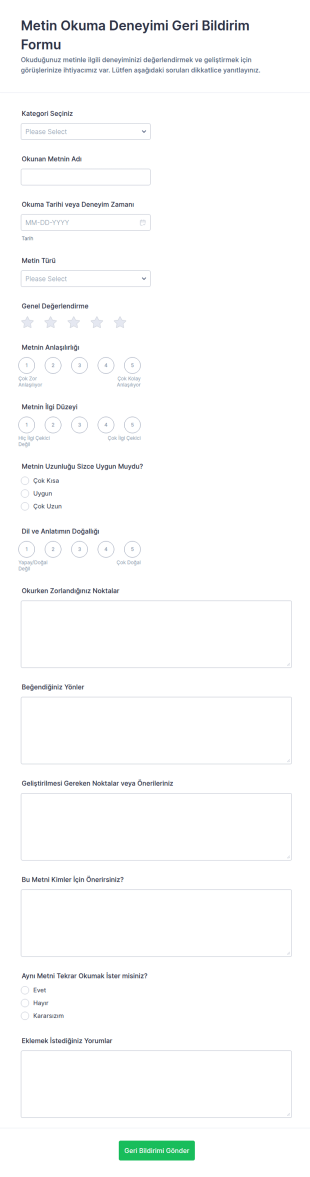 Metin Okuma Geri Bildirim Anketi Form Şablonu