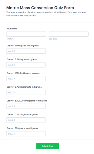 Metric Mass Conversion Quiz Form Template