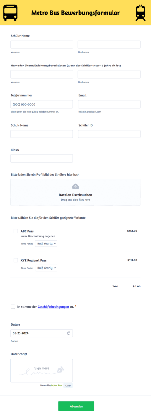 Metro Bus Bewerbungsformular Form Template