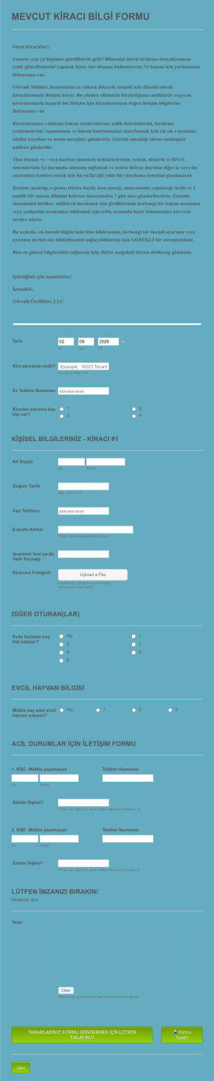 Mevcut Kiracı Bilgi Güncelleme Form Şablonu