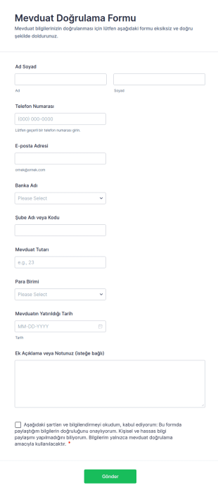 Mevduat Doğrulama Form Şablonu