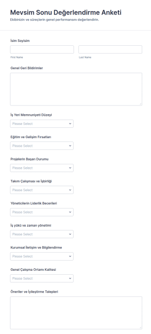 Mevsim Sonu Değerlendirme Anketi Form Şablonu