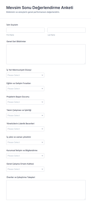 Mevsim Sonu Değerlendirme Anketi Form Şablonu