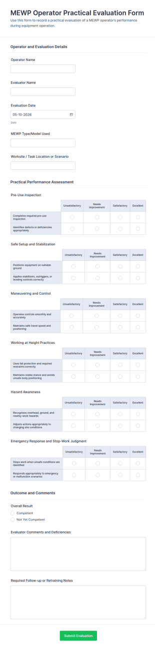 MEWP Operator Practical Evaluation Form Template