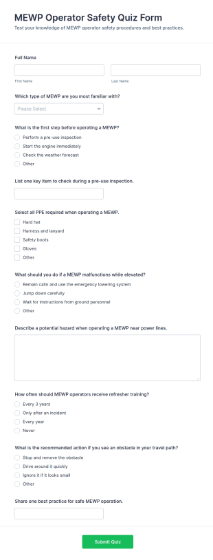 MEWP Operator Safety Quiz Form Template