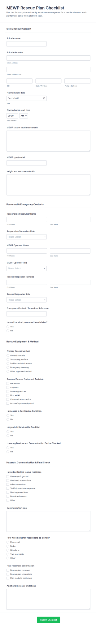 MEWP Rescue Plan Checklist Form Template