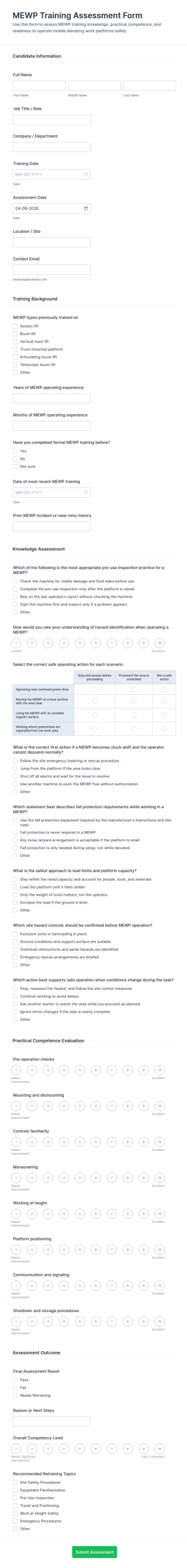 MEWP Training Assessment Form Template