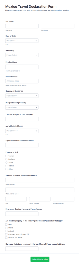 Mexico Travel Declaration Form Template