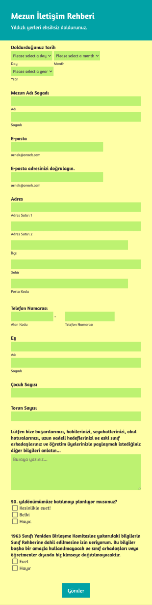 Mezun İletişim Rehberi Form Şablonu