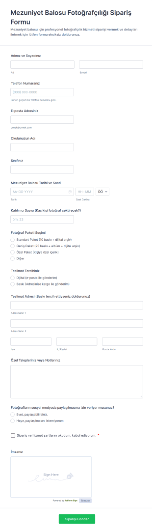 Mezuniyet Balosu Fotoğrafçılığı Sipariş Form Şablonu