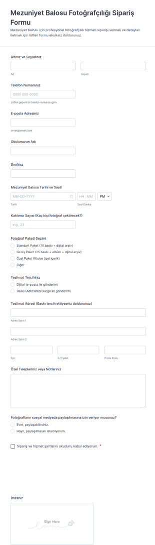Mezuniyet Balosu Fotoğrafçılığı Sipariş Form Şablonu
