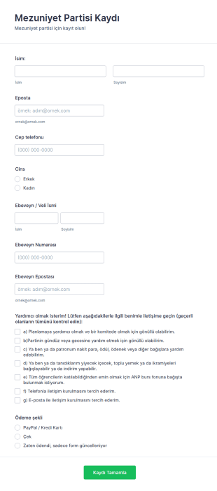 Mezuniyet Partisi Kaydı Form Şablonu