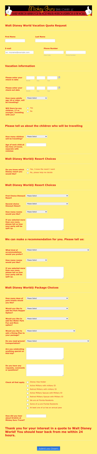MGTC Disney World Quote Form Template