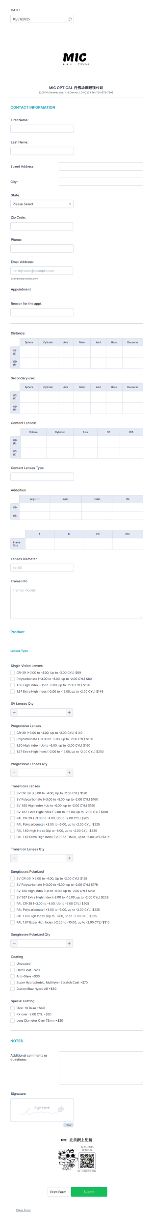 Optical Order Form Template