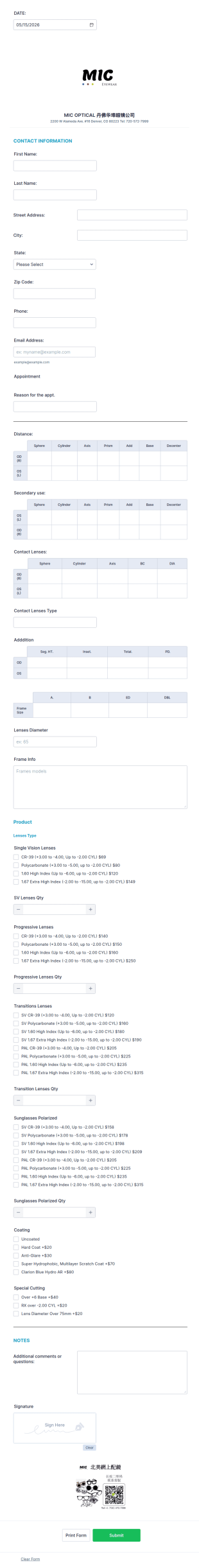 Optical Order Form Template