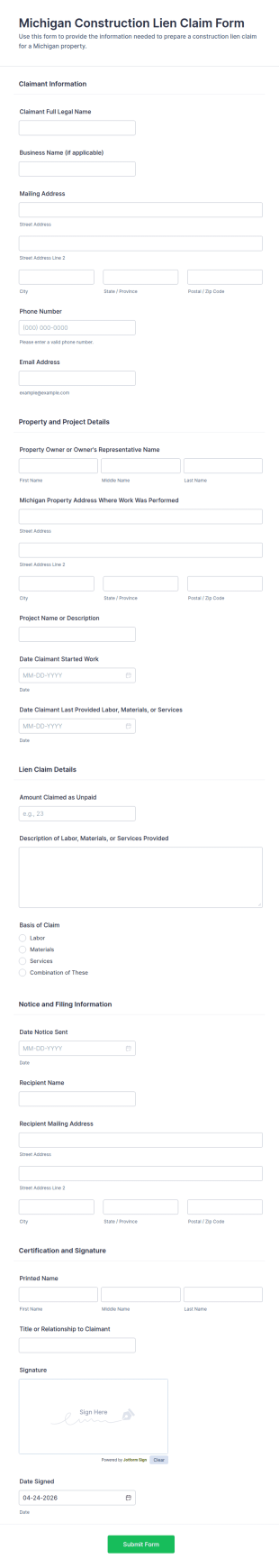 Michigan Construction Lien Claim Form Template