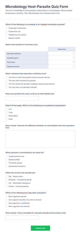 Microbiology Host Parasite Quiz Form Template