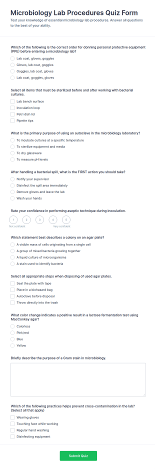 Microbiology Lab Procedures Quiz Form Template
