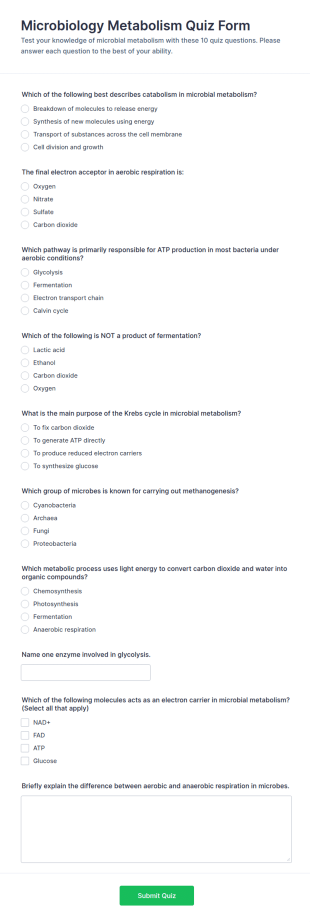 Microbiology Metabolism Quiz Form Template