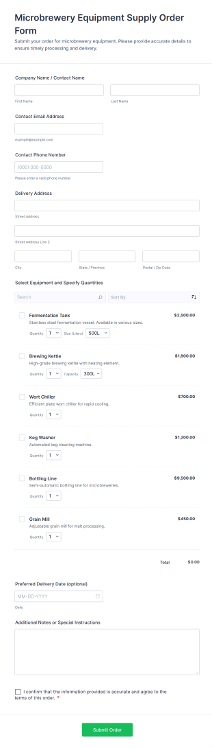Microbrewery Equipment Supply Order Form Template