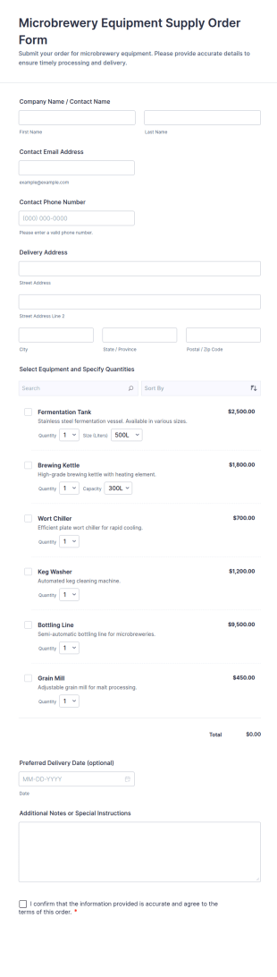 Microbrewery Equipment Supply Order Form Template