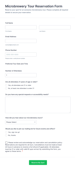 Microbrewery Tour Reservation Form Template
