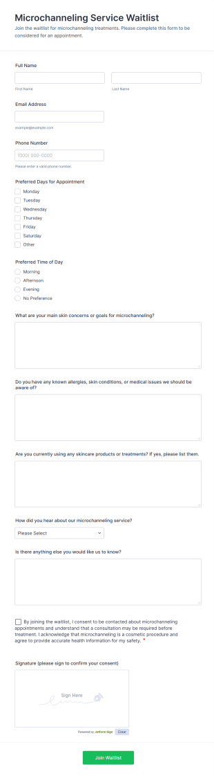 Microchanneling Service Waitlist Form Template