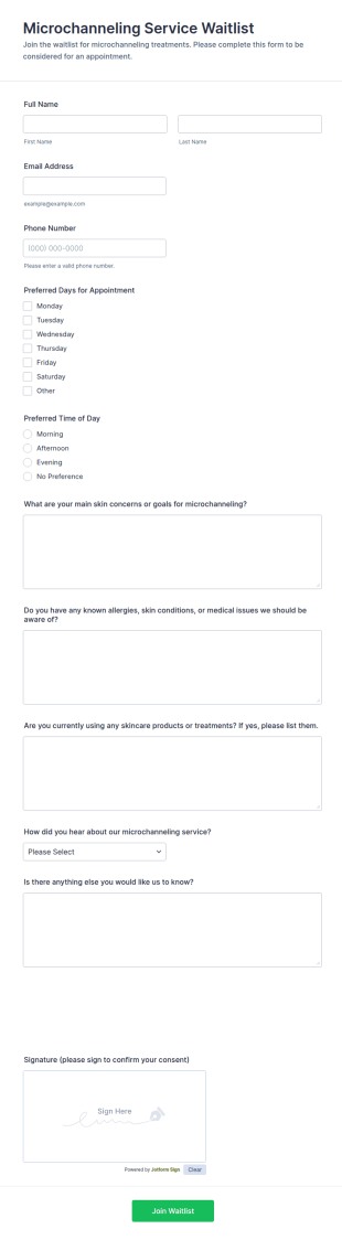 Microchanneling Service Waitlist Form Template
