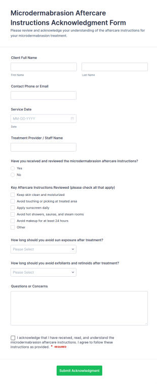 Microdermabrasion Aftercare Instructions Acknowledgment Form Template