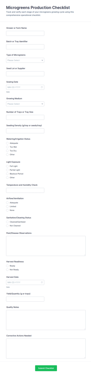 Microgreens Production Checklist Form Template