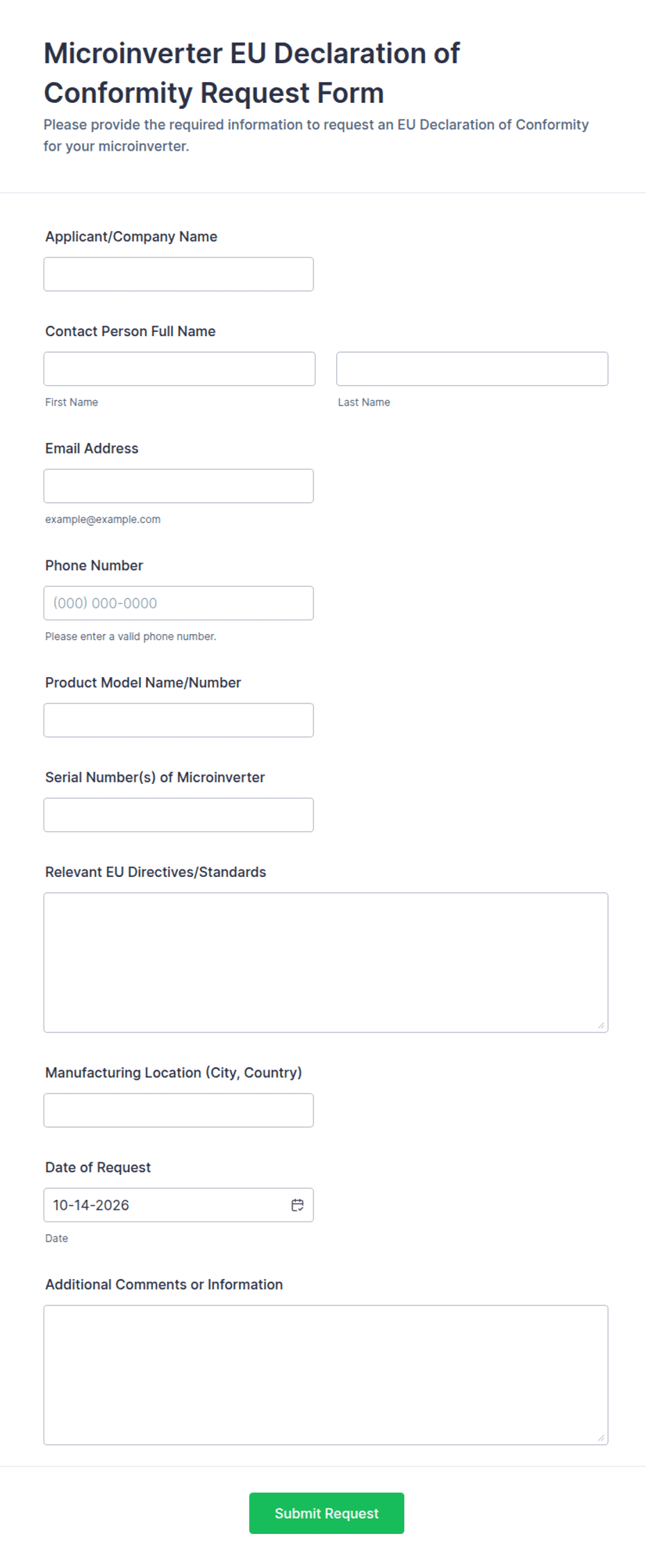 Microinverter EU Declaration of Conformity Request Form Template | Jotform