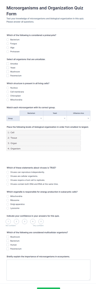 Microorganisms And Organization Quiz Form Template