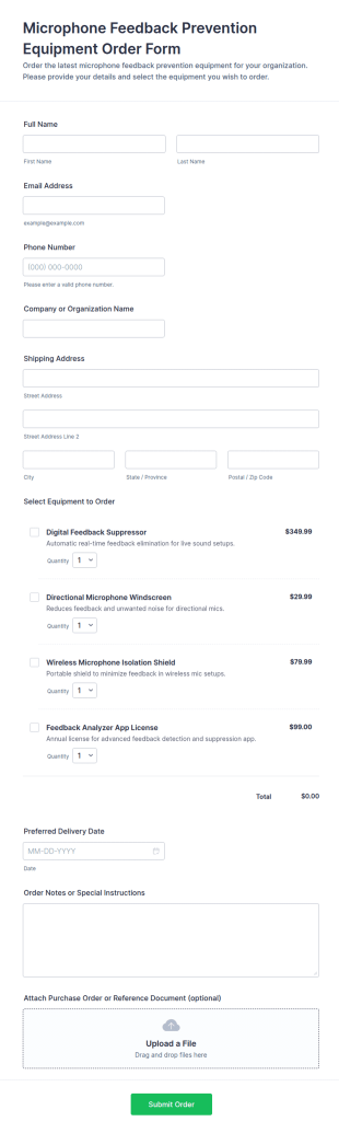 Microphone Feedback Prevention Equipment Order Form Template