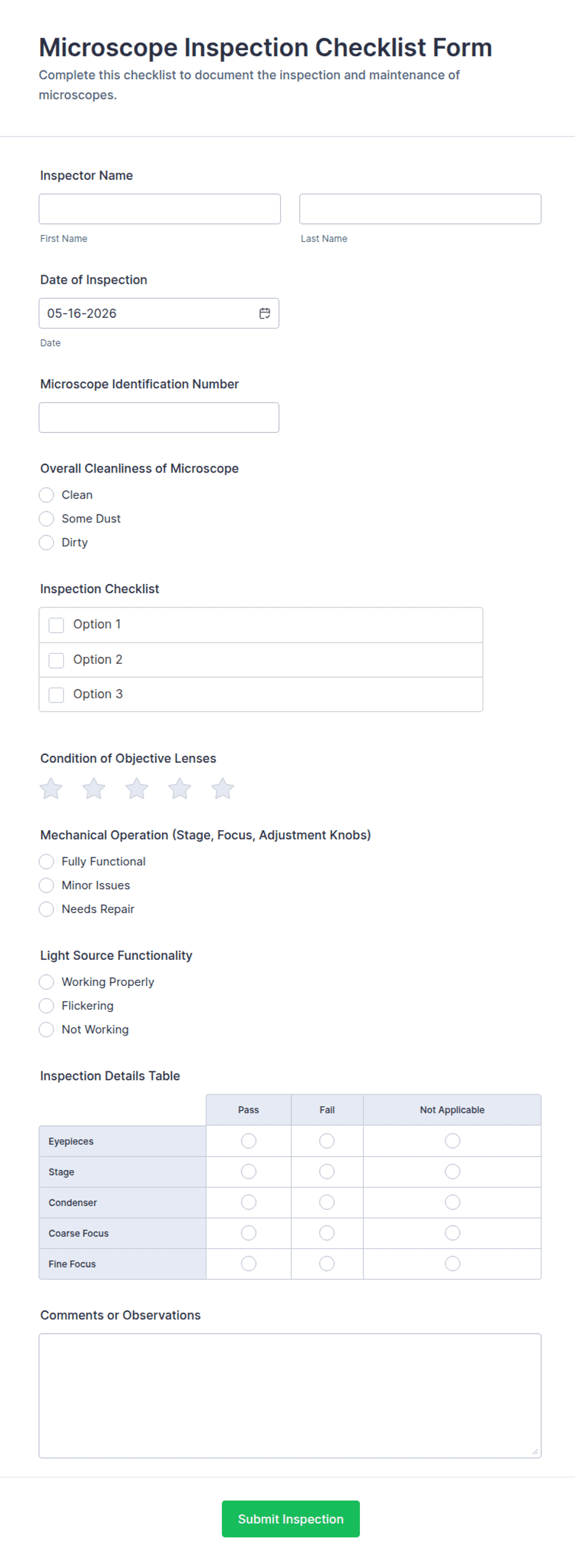 Microscope Inspection Checklist Form Template | Jotform