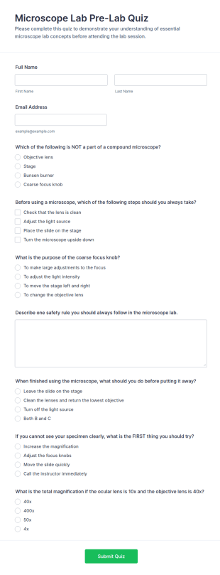 Microscope Lab Pre Lab Quiz Form Template
