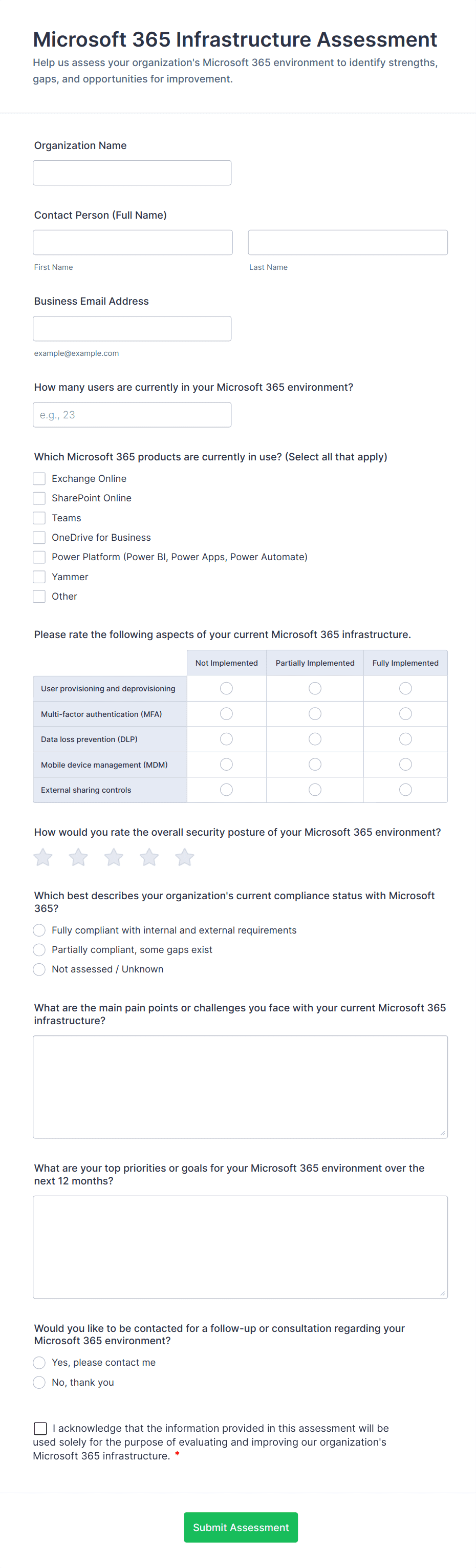 Microsoft 365 Infrastructure Assessment Form Template | Jotform