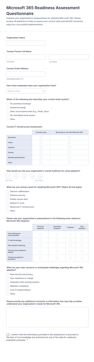 Microsoft 365 Readiness Assessment Questionnaire Form Template
