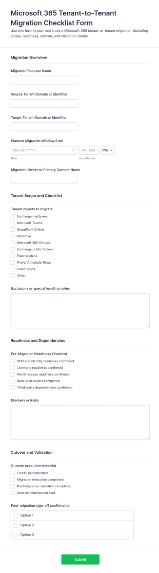 Microsoft 365 Tenant To Tenant Migration Checklist Form Template