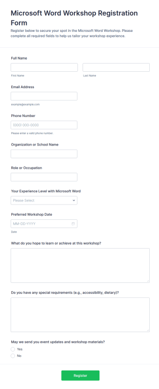 Microsoft Word Workshop Registration Form Template
