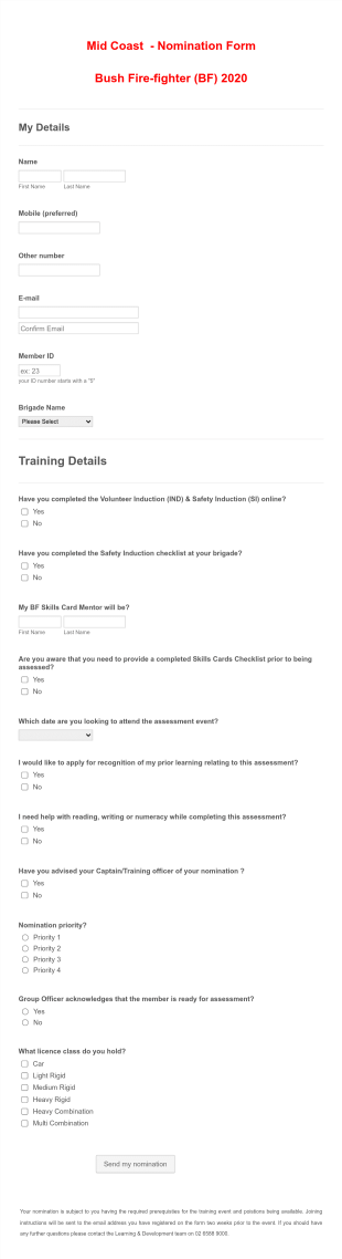 Mid Coast Bush Firefighter Nomination 2020 Form Template