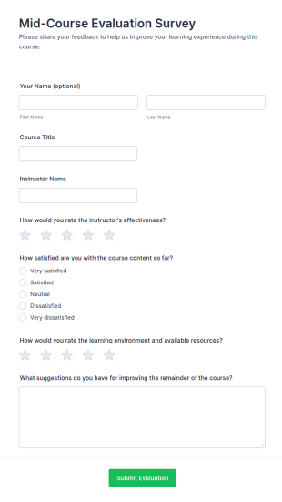 Mid Course Evaluation Survey Form Template